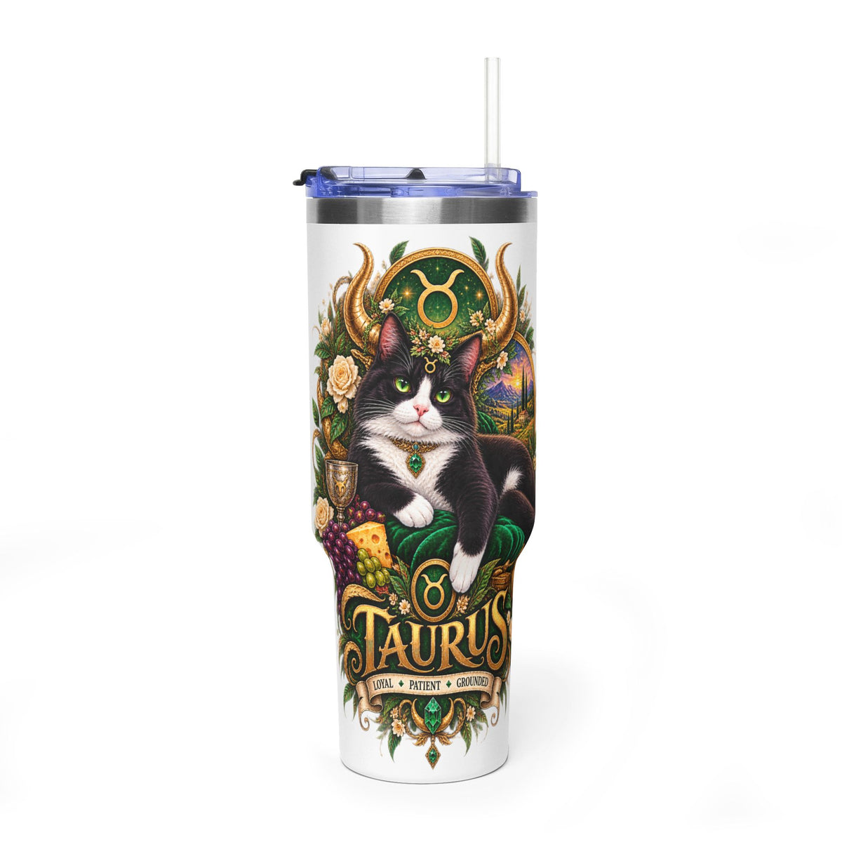 Taurus Tuxedo Cat 40oz Tumbler — Zodiac Stainless Steel Vacuum Travel Mug