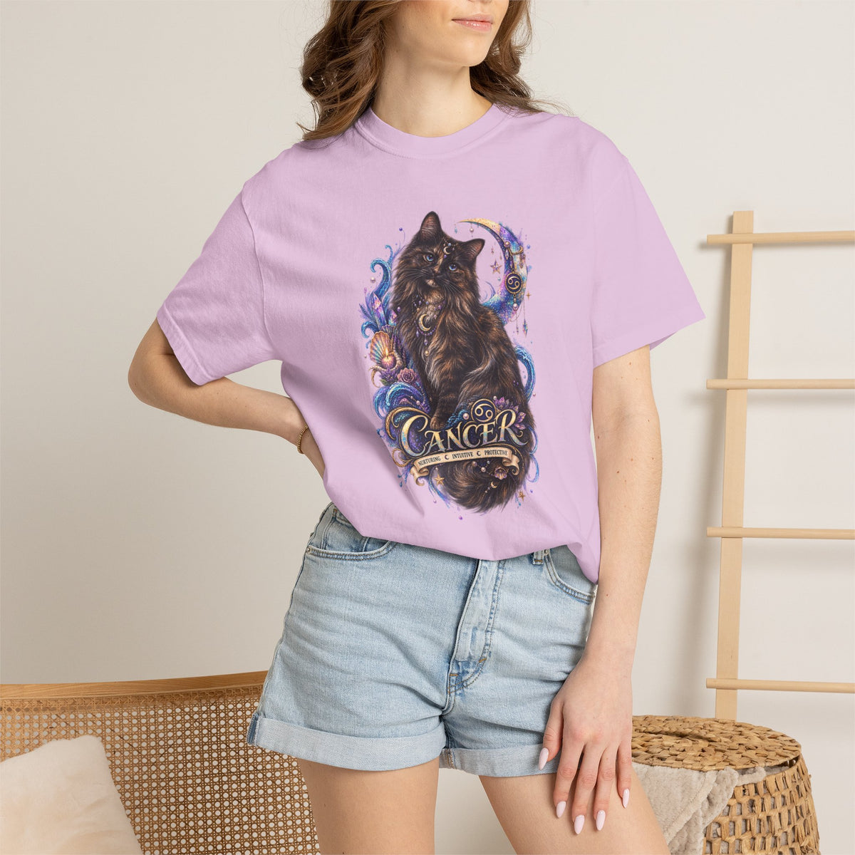 Cancer Zodiac T‑Shirt — Mystical Tortoiseshell   Cat Horoscope Design