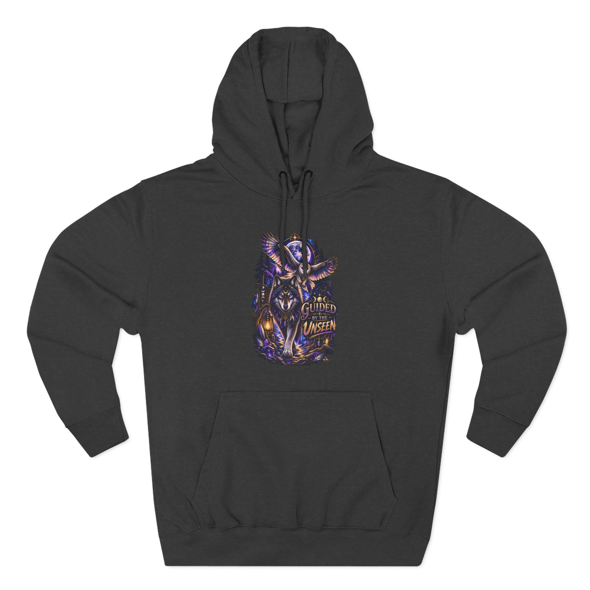 Witchy Owl and Wolf Fleece Hoodie - Mystical Night Forest Graphic- Guided by the Unseen