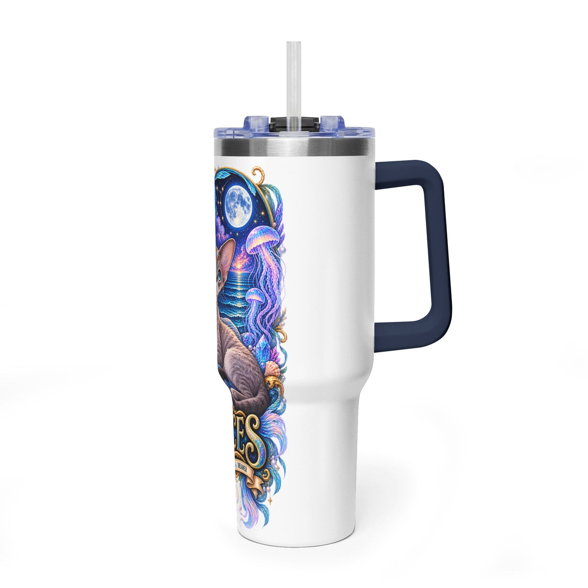 Pisces Devon Rex Cat 40oz Tumbler — Zodiac Vacuum Insulated Travel Cup