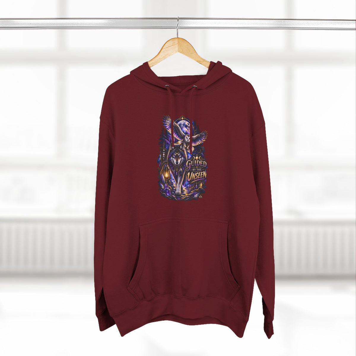 Witchy Owl and Wolf Fleece Hoodie - Mystical Night Forest Graphic- Guided by the Unseen