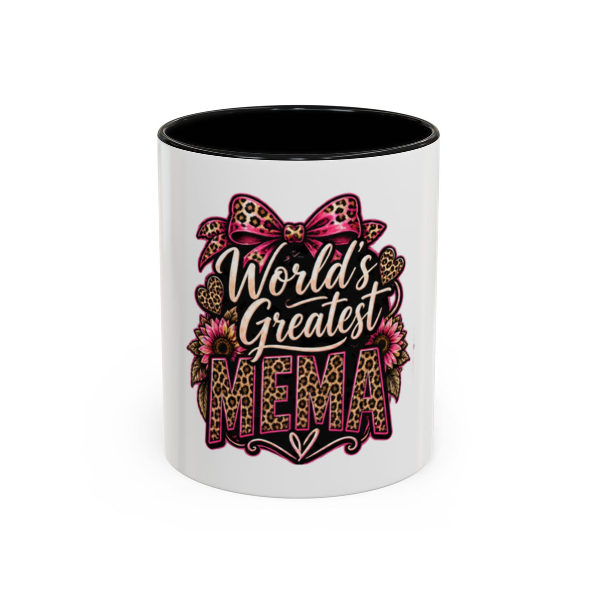 World's Greatest Mema Accent Coffee Mug – Leopard Pink Bow Gift for Grandma (11/15 oz)