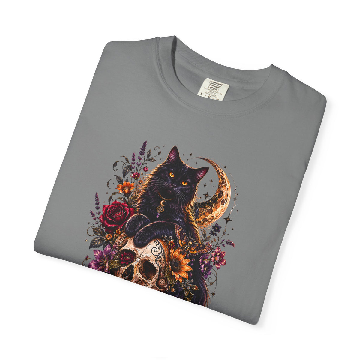Cat & Skull Gothic T-Shirt — Black Cat Moon Floral Graphic Tee