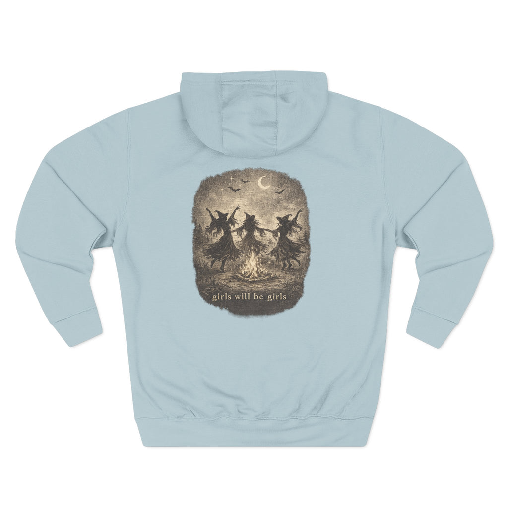 Witchy Trio Graphic Hoodie – 'Girls Will Be Girls' Vintage Moonback Sweatshirt