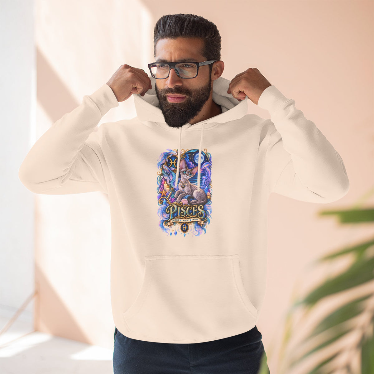 Pisces Zodiac Devon Rex Cat Hoodie — Mystical Watercolor Fish Astrology Pullover