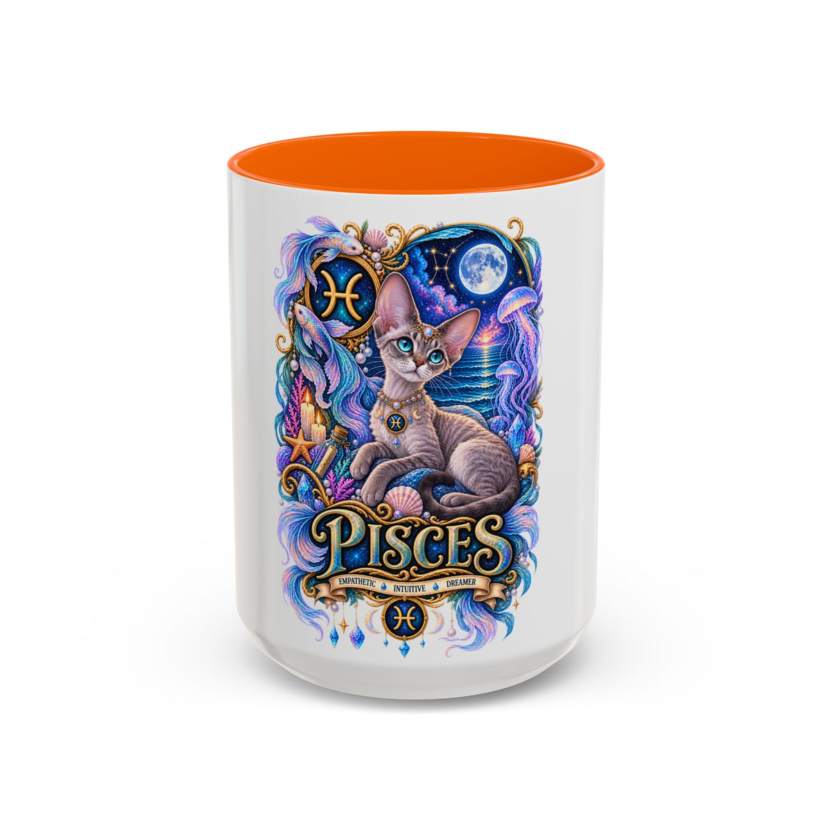 Pisces Devon Rex Cat Accent Coffee Mug — Zodiac Astrology Ceramic Mug (11/15oz)