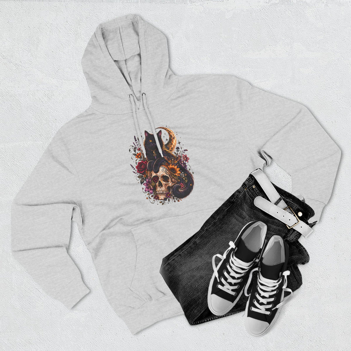 Skull & Cat Hoodie — Romantic Gothic Celestial Moon Graphic Fleece Pullover