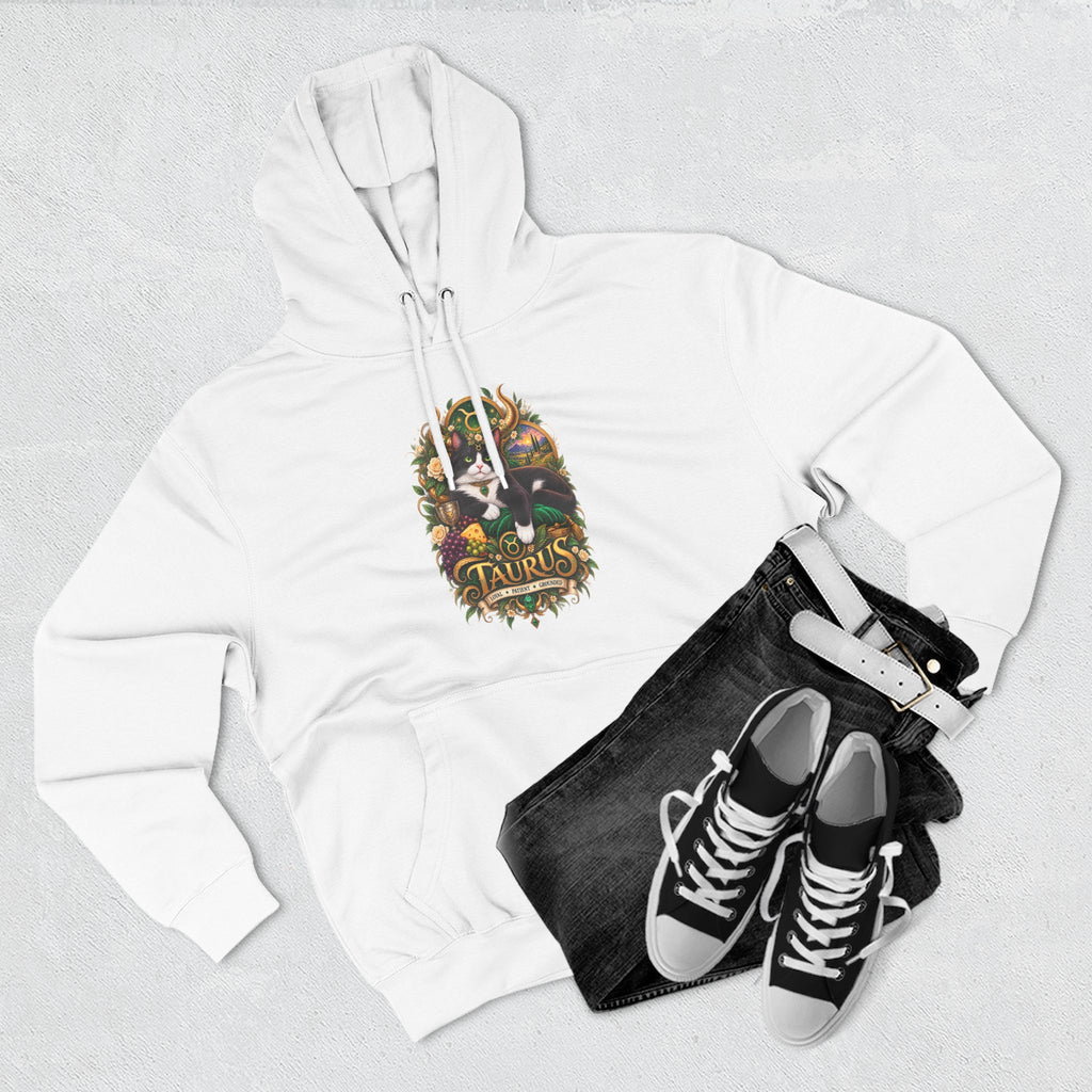 Taurus Tuxedo Cat Zodiac Hoodie — Earthy Bull Constellation Graphic Fleece Pullover