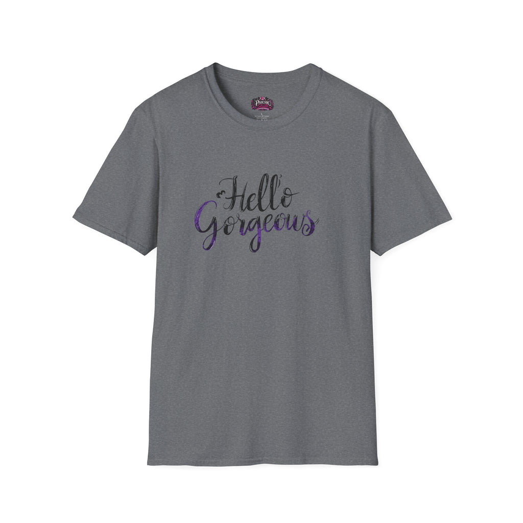 T-Shirt — "Hello Gorgeous" Purple Black Script Graphic Tee