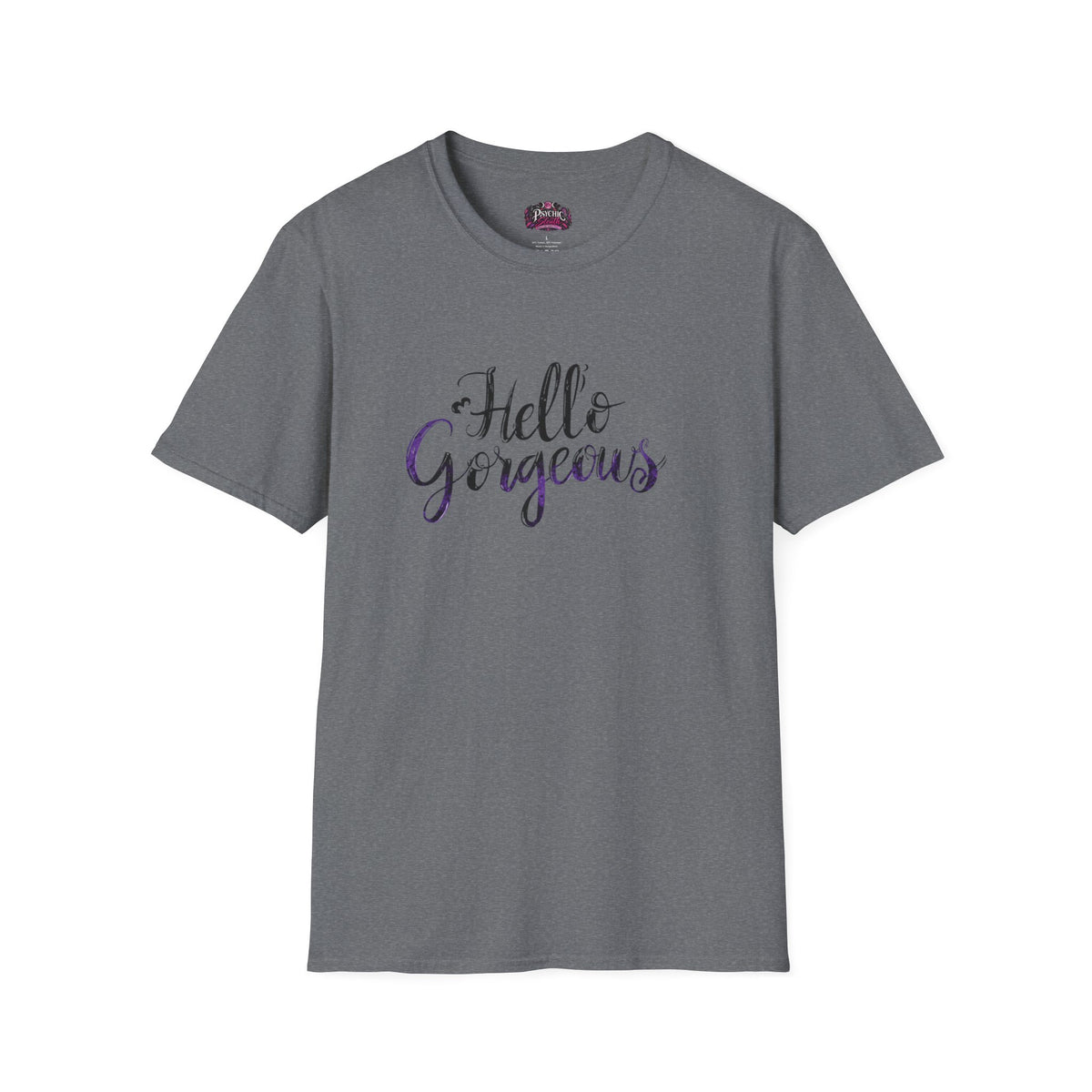 T-Shirt — "Hello Gorgeous" Purple Black Script Graphic Tee