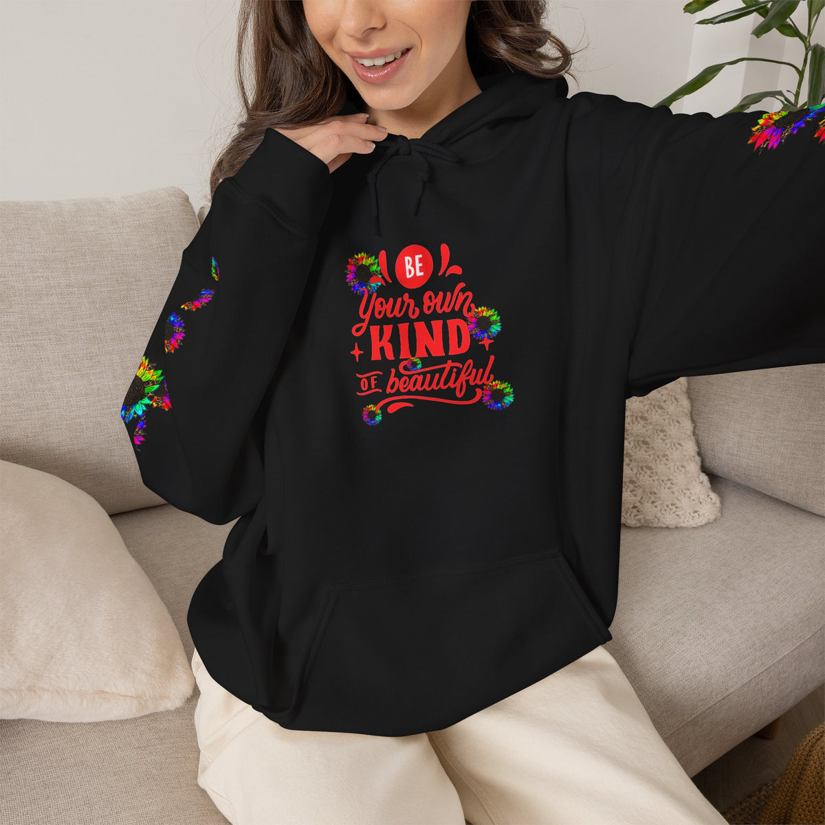 Inspirational Floral Hoodie – "Your Smile is Kind & Beautiful" Rainbow Sunflower Cozy Pullover