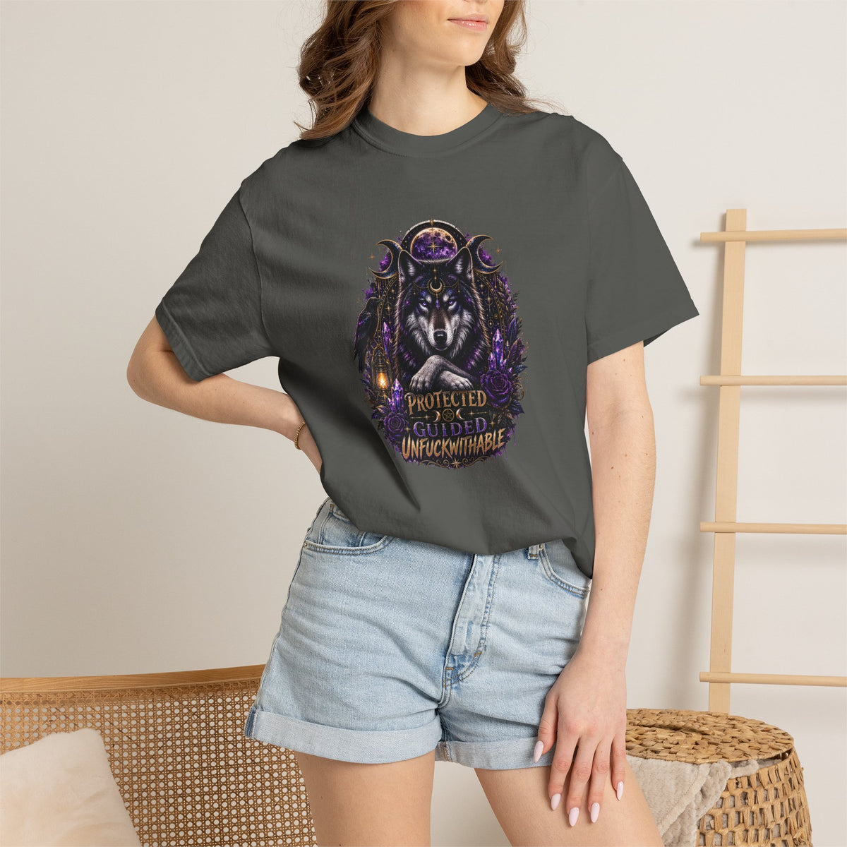 Protector Wolf T-Shirt — "Protected, Guided, Unfuckwithable" Spiritual Graphic Tee