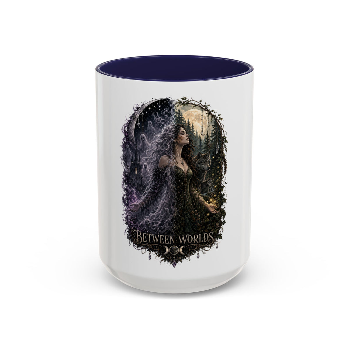 Between Worlds Accent Coffee Mug — Gothic Fantasy Witch Illustration (11/15oz)