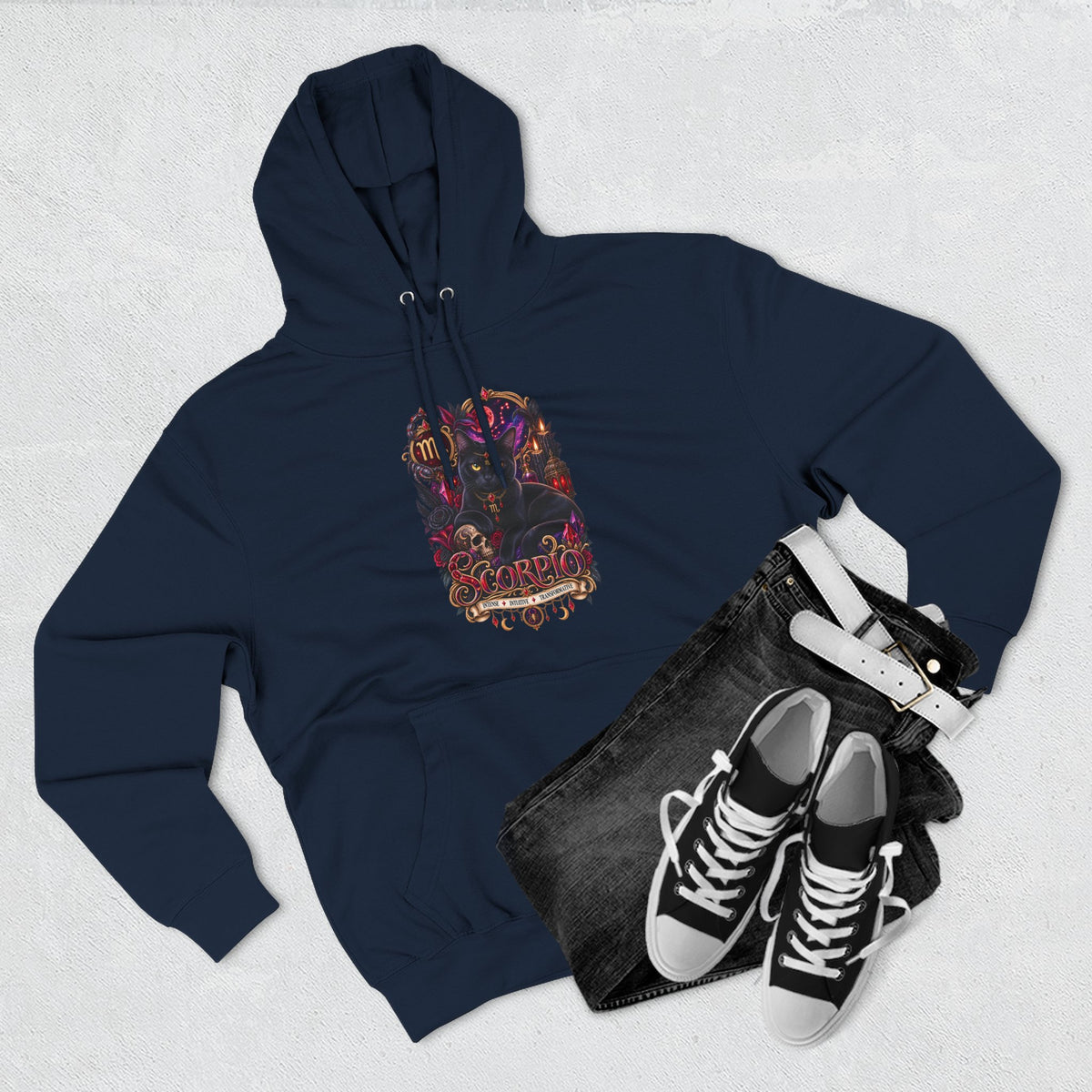 Scorpio Bombay Black Cat Floral Zodiac Hoodie — Intricate Scorpion Zodiac Sign