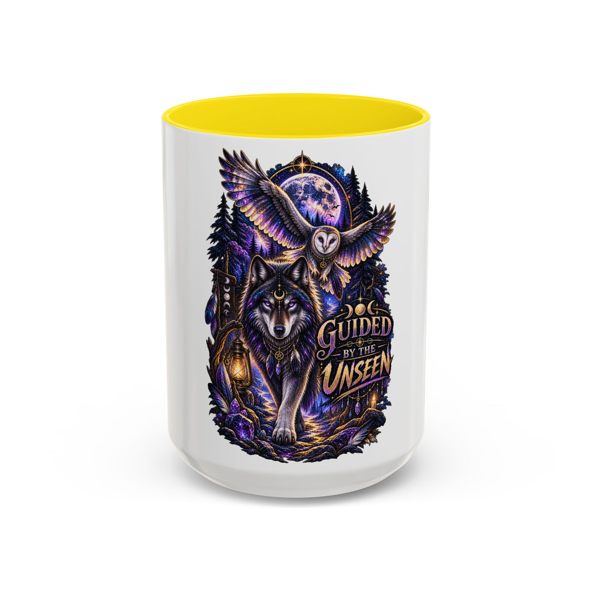 Guided by the Unseen Coffee Mug — Wolf & Owl Spirit Animal Accent Mug (11/15oz)