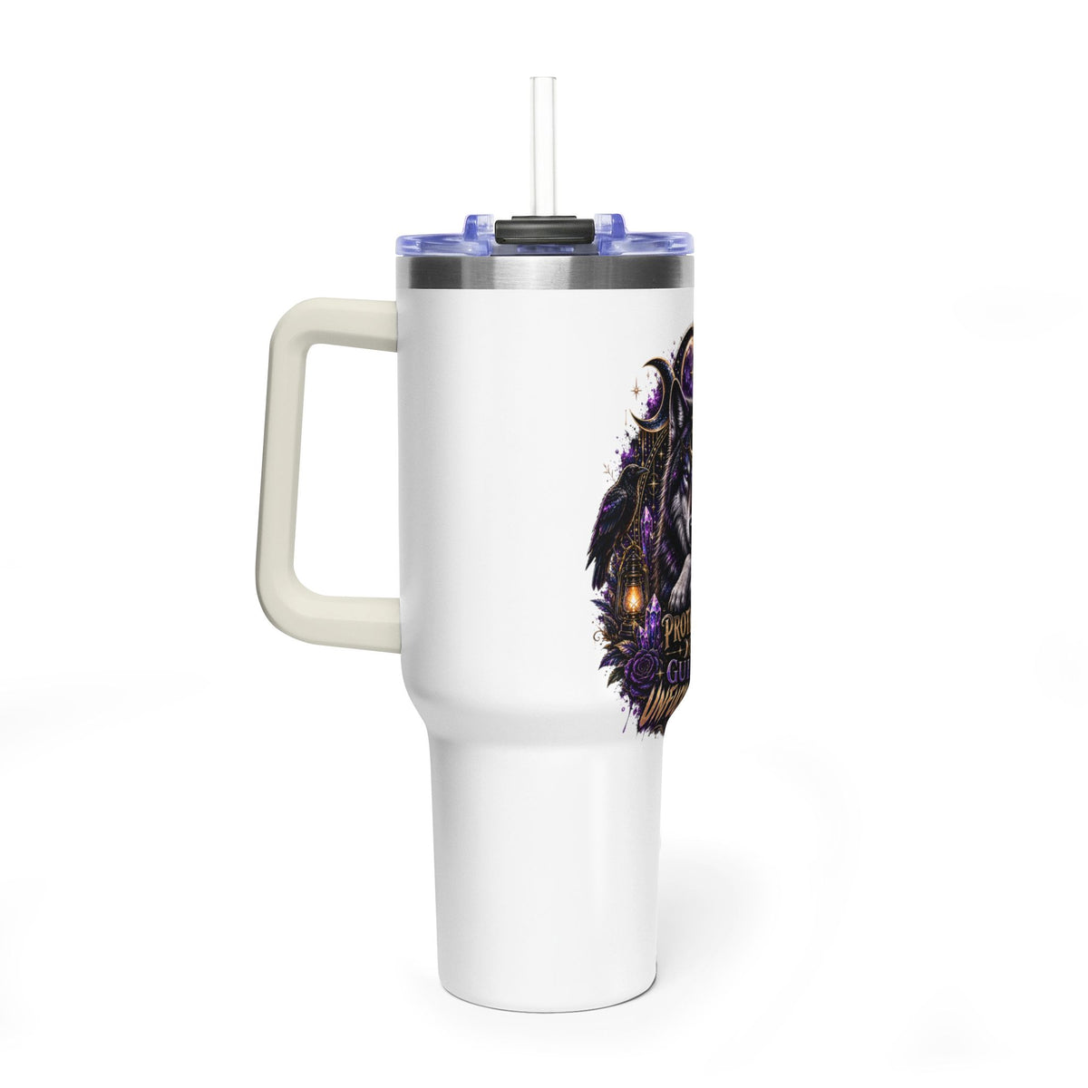 40oz Vacuum Tumbler — 'Protected & Guided' Mystic Wolf Thermal Mug