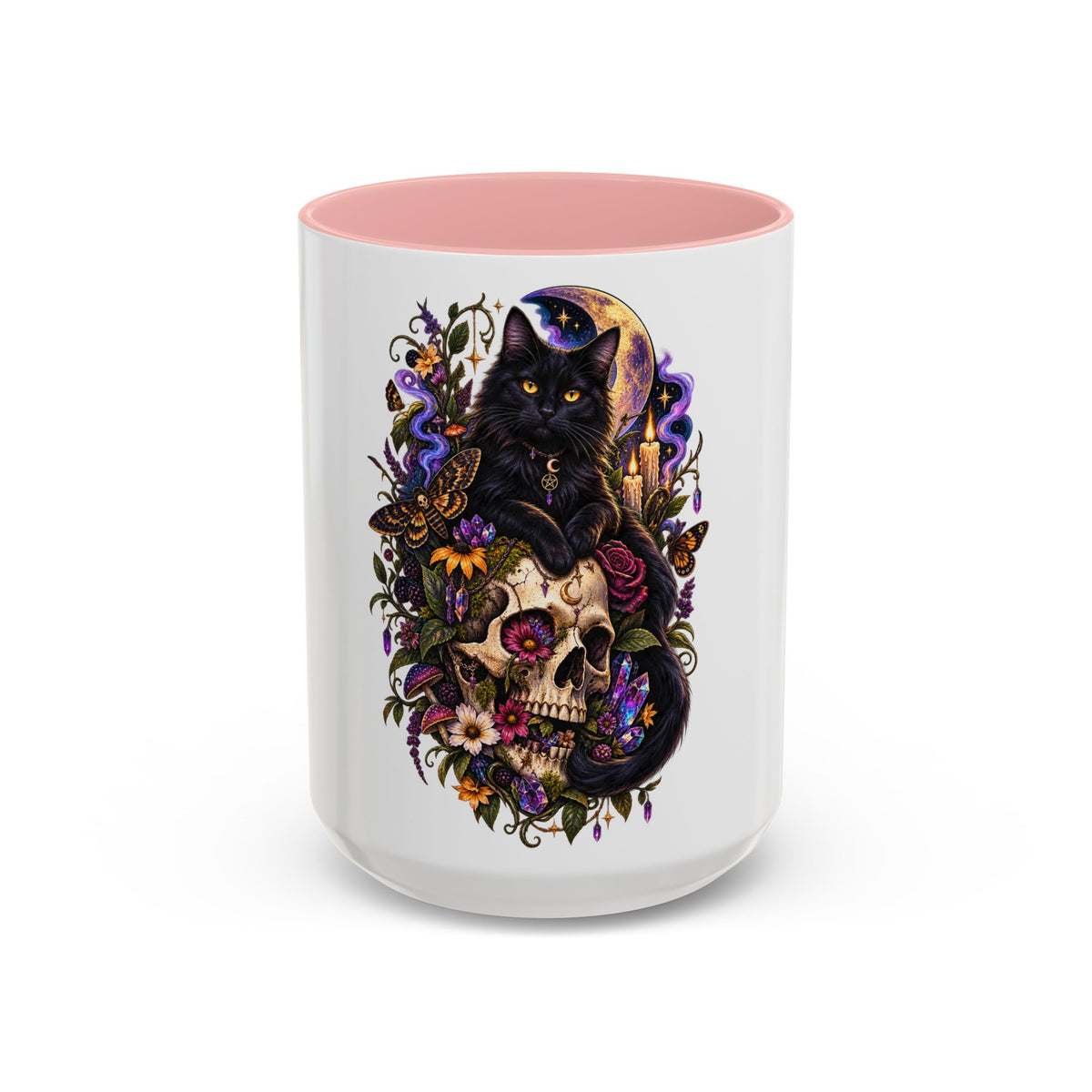 Black Cat & Skull Floral Accent Coffee Mug — Gothic Halloween Coffee Cup (11/15oz)