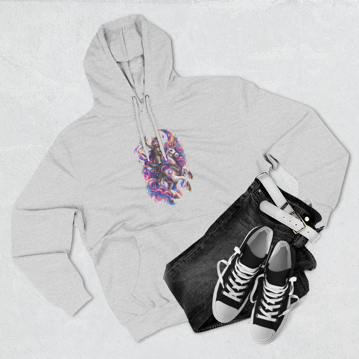 Colorful Cosmic Cat Riding a Unicorn — Vibrant Nebula Graphic Pullover