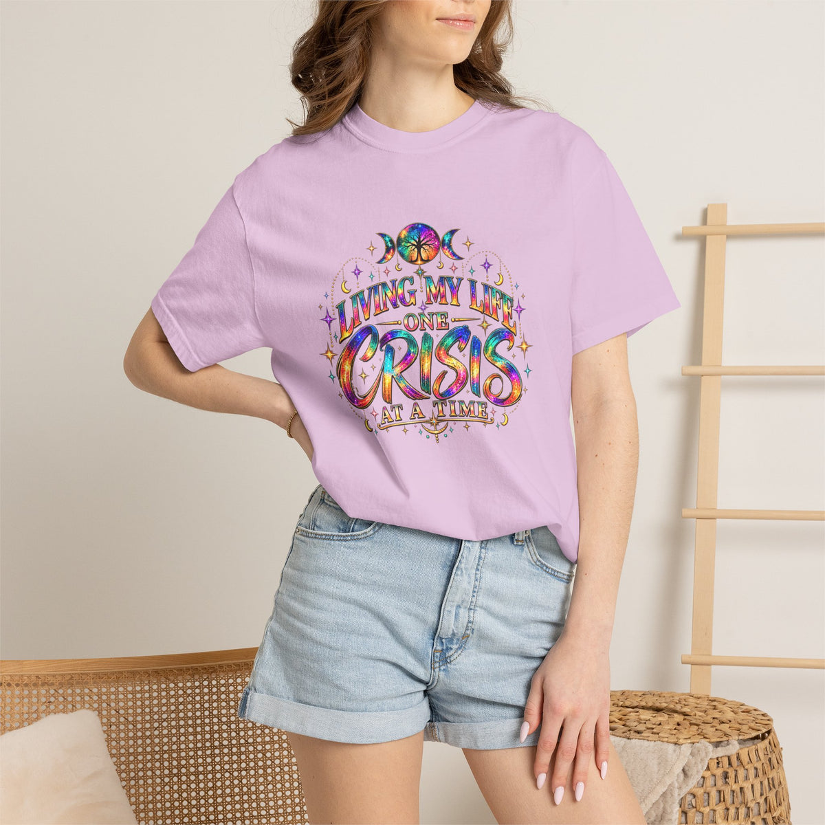 Graphic T-Shirt — "Living My Life One Crisis at a Time" Colorful Retro Tee