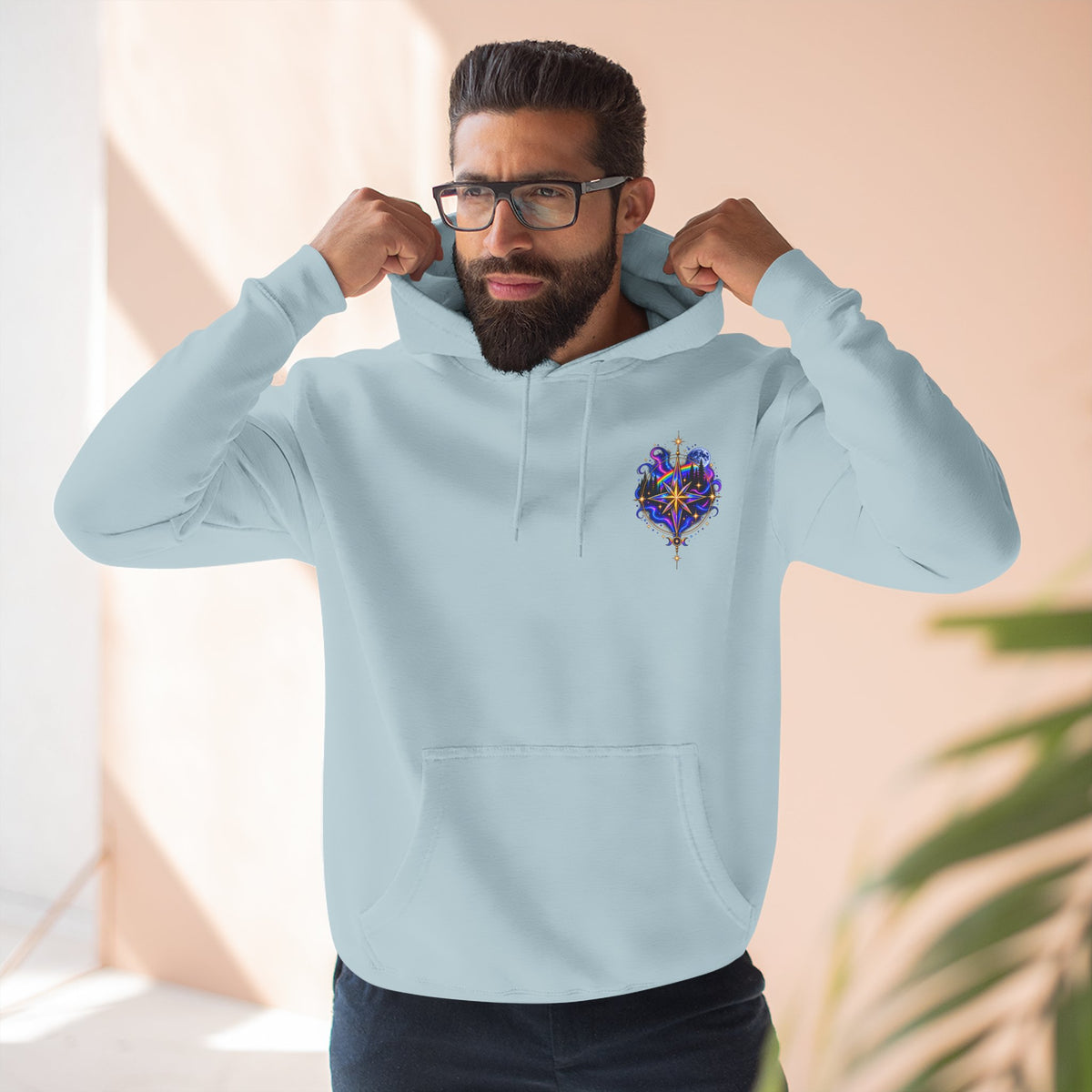 Guided by Light Bound toTruth Fleece Hoodie — Spiritual Galaxy Chest Emblem & Backscape Design