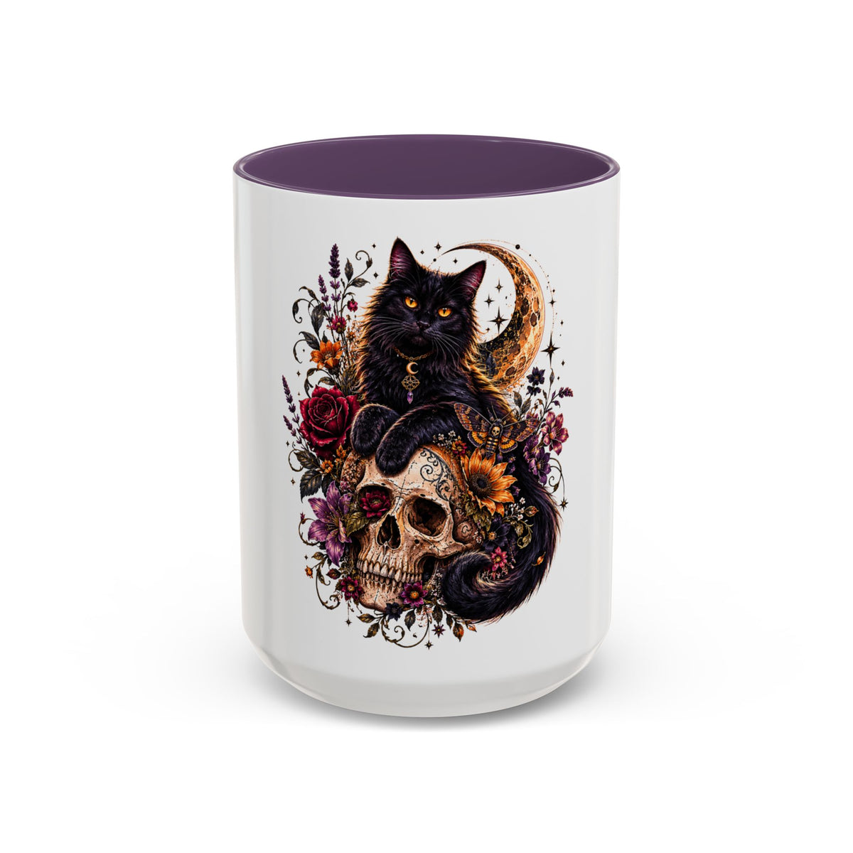 Cat & Skull Accent Coffee Mug — Gothic Black Cat Art Coffee Cup (11/15oz)
