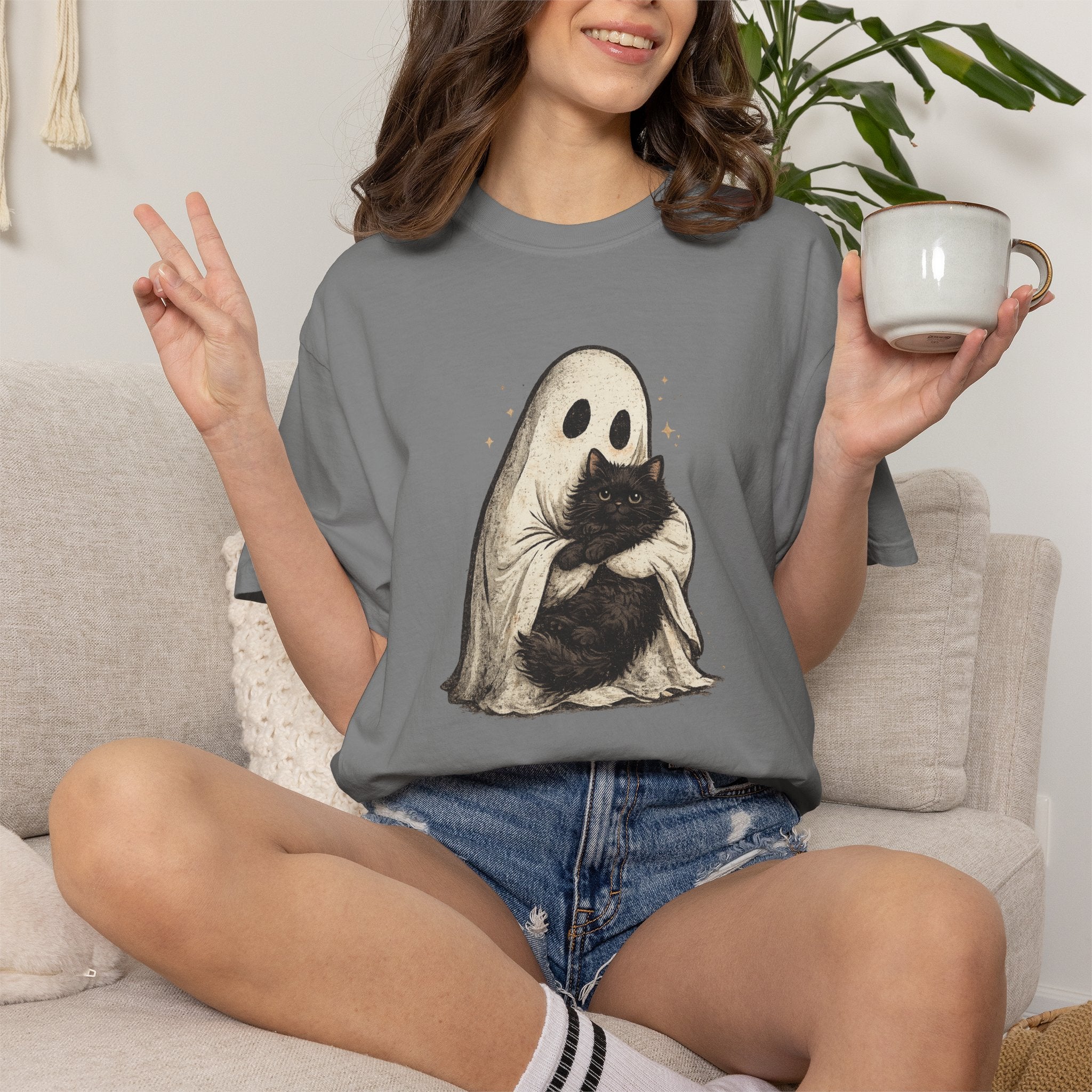Ghost Hug T-Shirt — Cute Ghost Holding Cat Graphic Tee