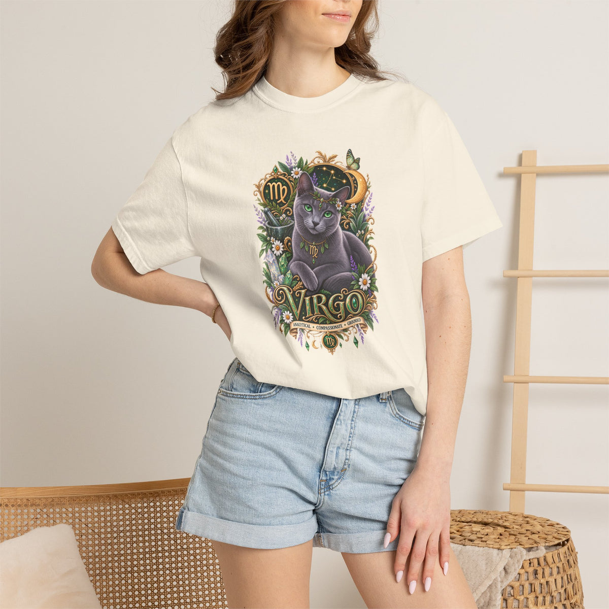 Virgo Cat Zodiac T-Shirt — Virgo Astrology Tee with Russian Blue & Floral Design