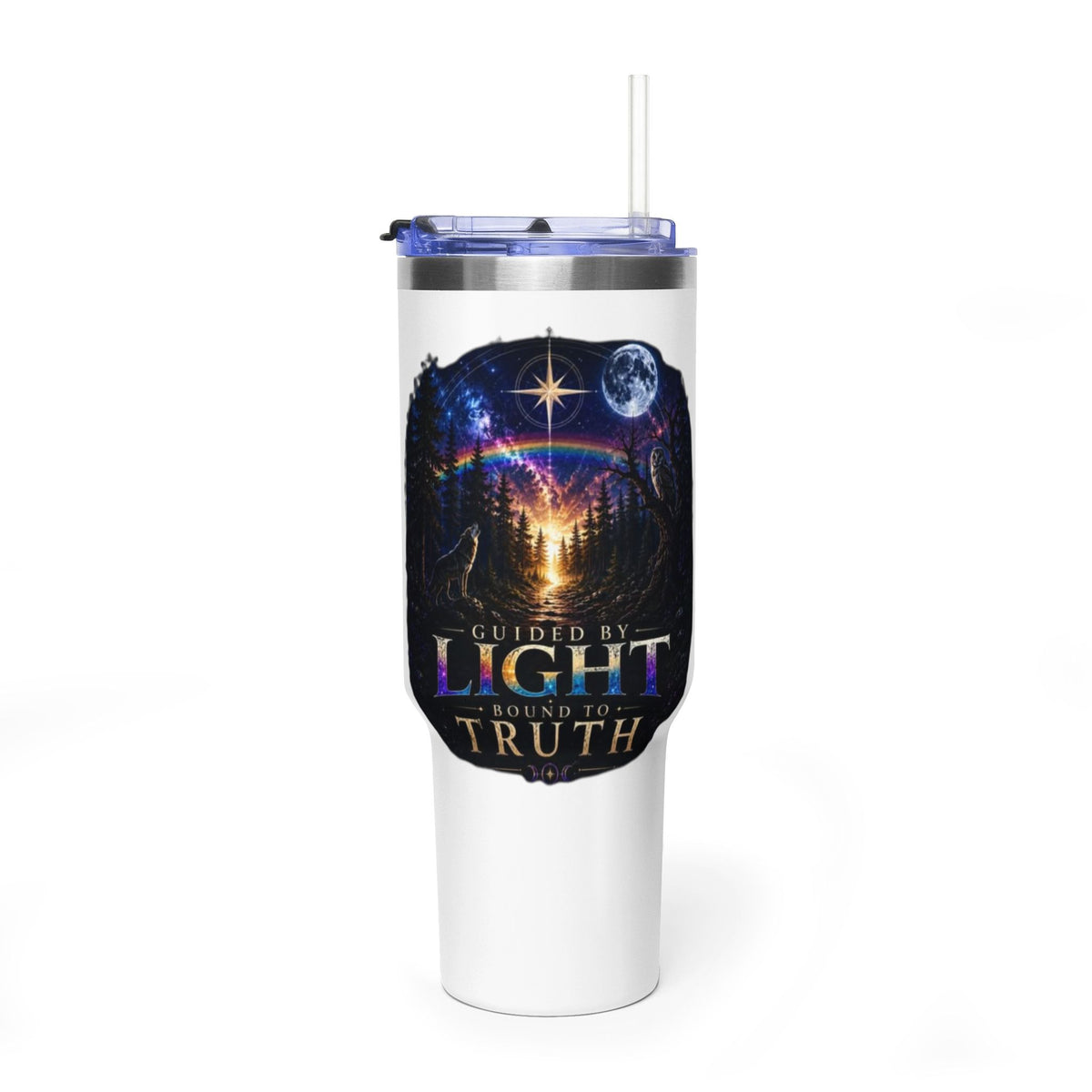 40oz Guided by Light Thermal Tumbler — Inspirational Travel Mug with Cosmic Forest Design