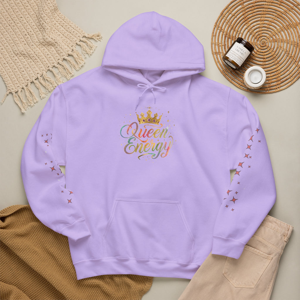 Queen Energy Hoodie — Feminine Crown Graphic Pullover with Star Sleeve Accents