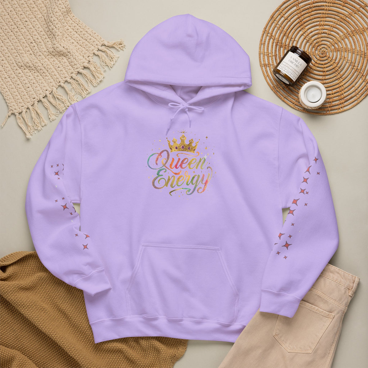 Queen Energy Hoodie — Feminine Crown Graphic Pullover with Star Sleeve Accents