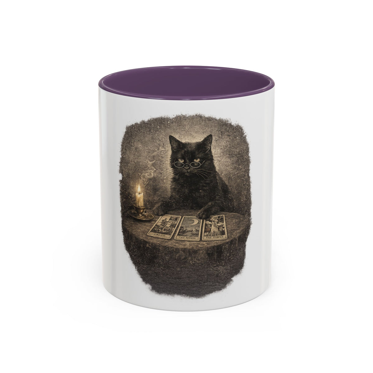 Tarot Cat Accent Coffee Mug — Witchy Black Cat with Tarot Cards