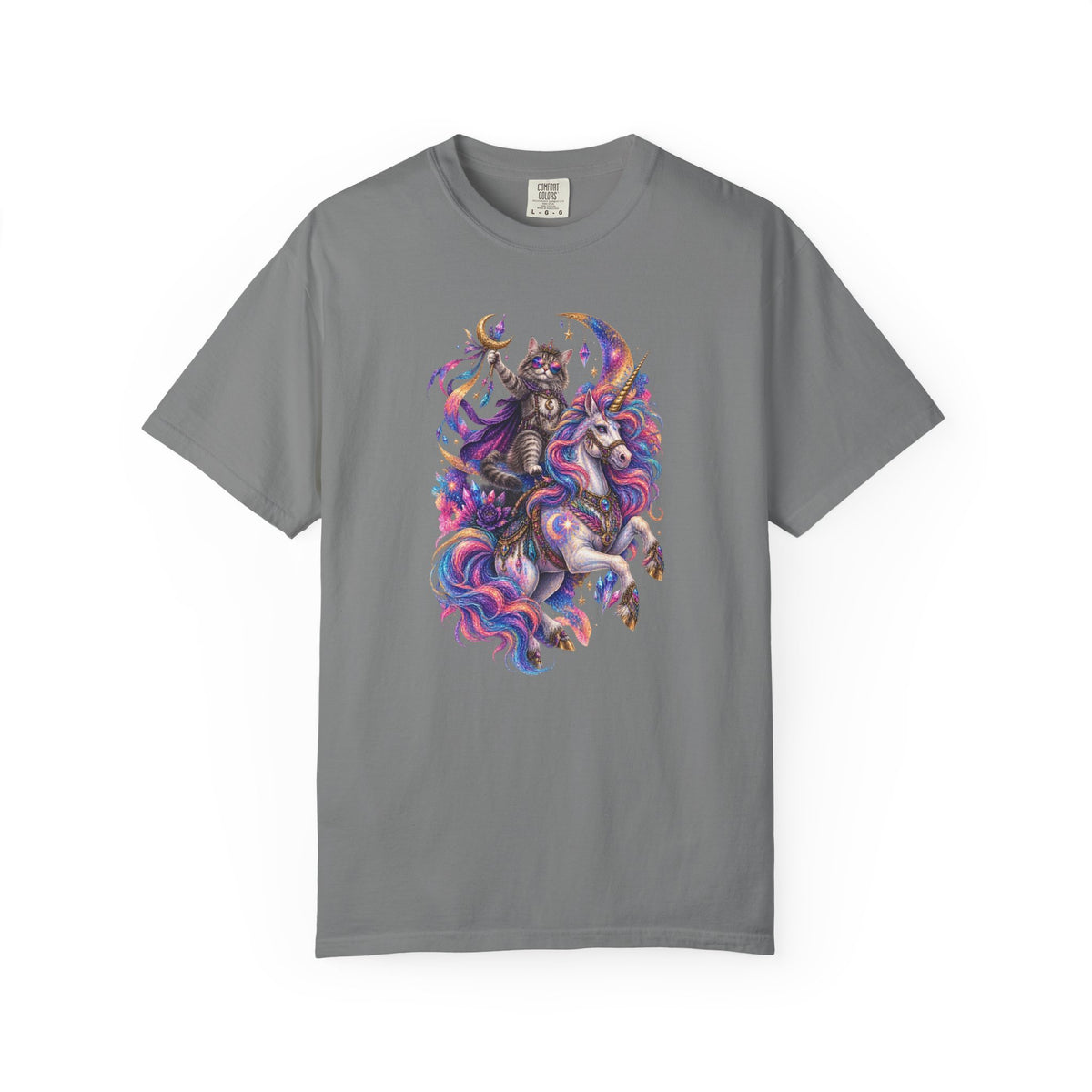 Cat Riding a Mystical Unicorn Horse Graphic T-Shirt — Colorful Cosmic Mane Art Tee