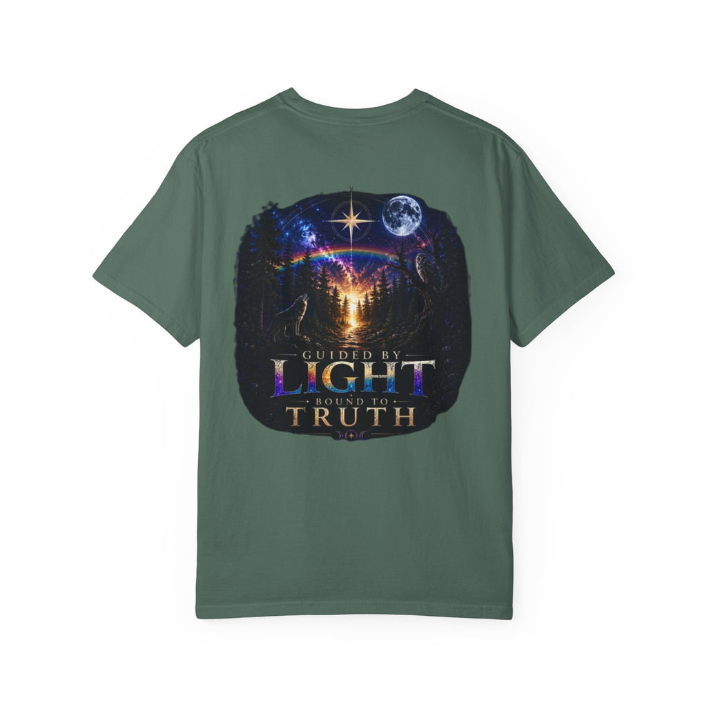 T-Shirt — "Guided by Light, Bound to Truth" Cosmic Forest Graphic