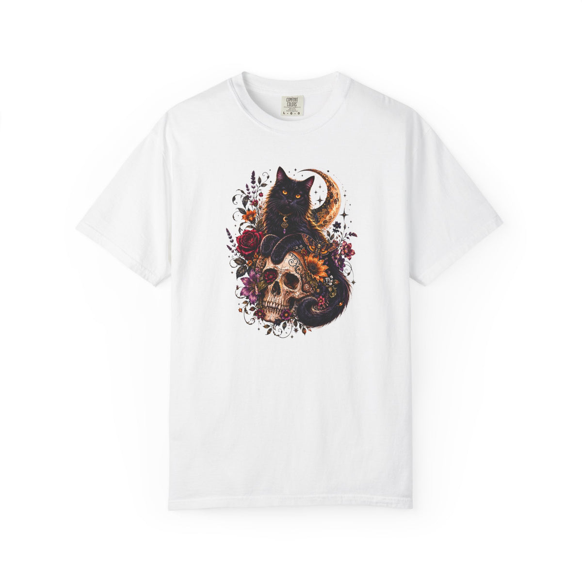 Cat & Skull Gothic T-Shirt — Black Cat Moon Floral Graphic Tee