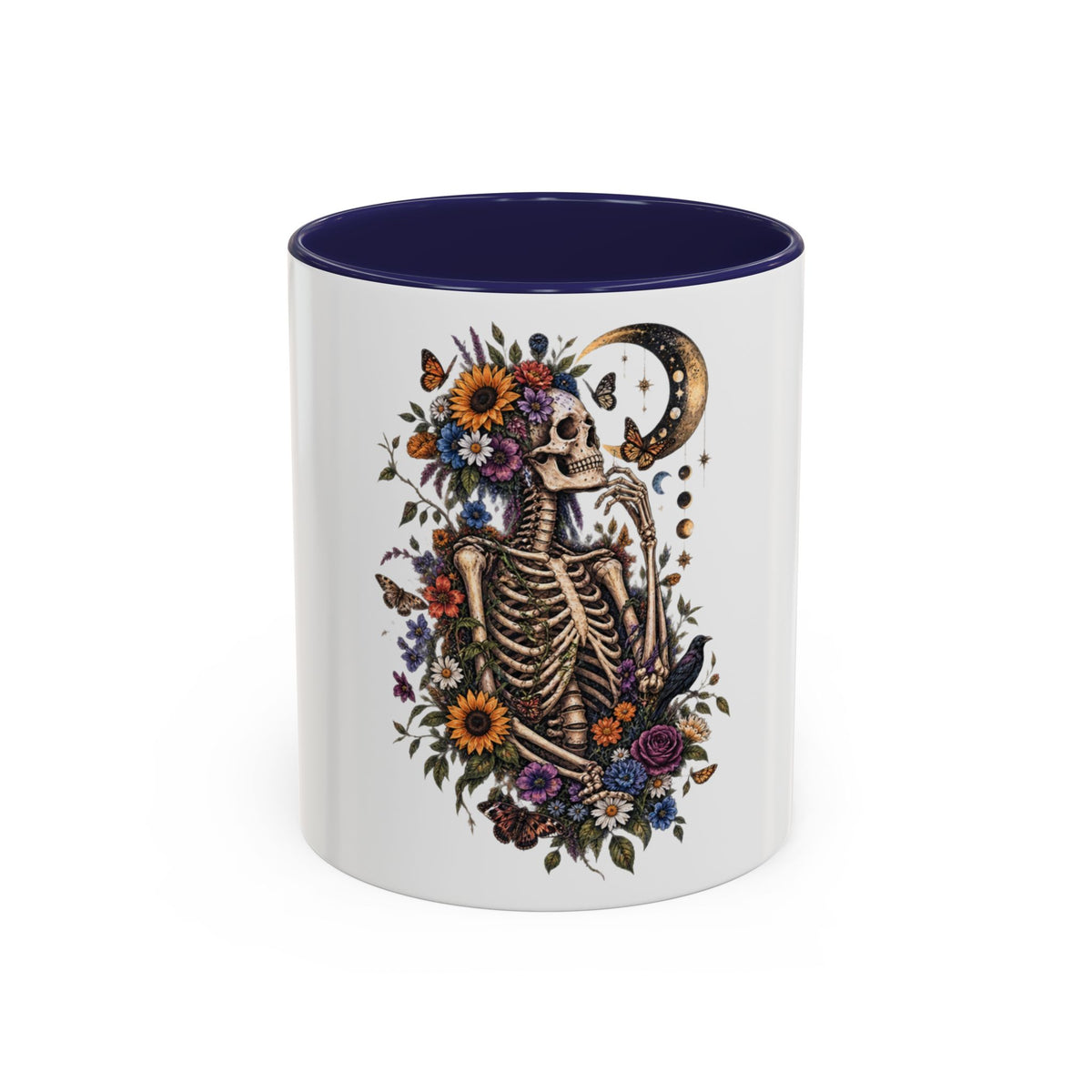 Skull & Moon Floral Coffee Mug — Gothic Botanical Accent Mug