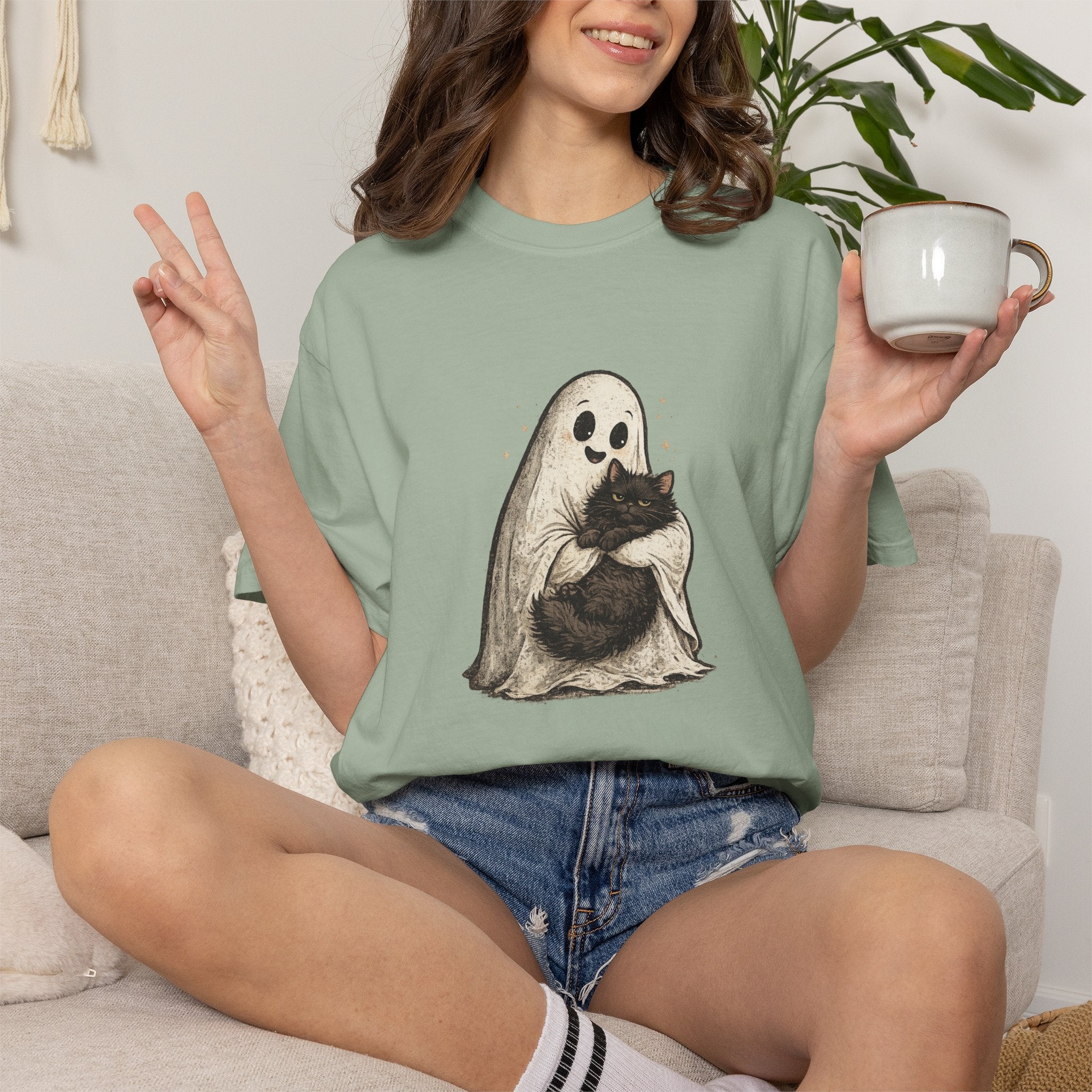 Boo & Meow Ghost Hugging Black Cat T-Shirt | Cute Spooky Tee
