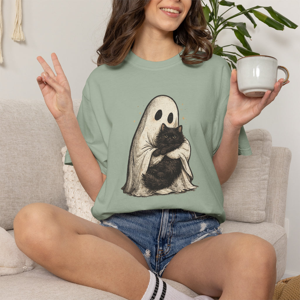 Ghost Hug T-Shirt — Cute Ghost Holding Cat Graphic Tee