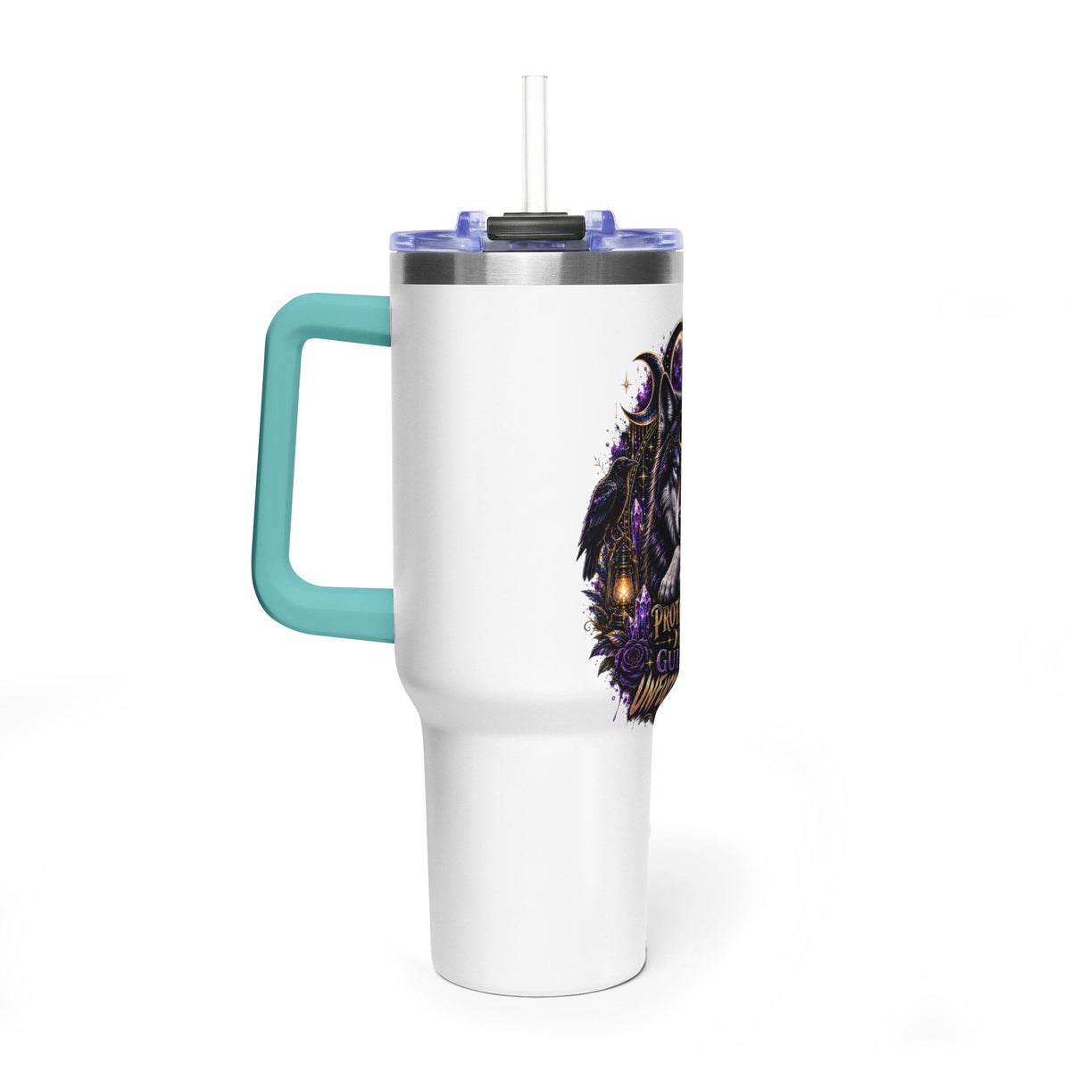 40oz Vacuum Tumbler — 'Protected & Guided' Mystic Wolf Thermal Mug