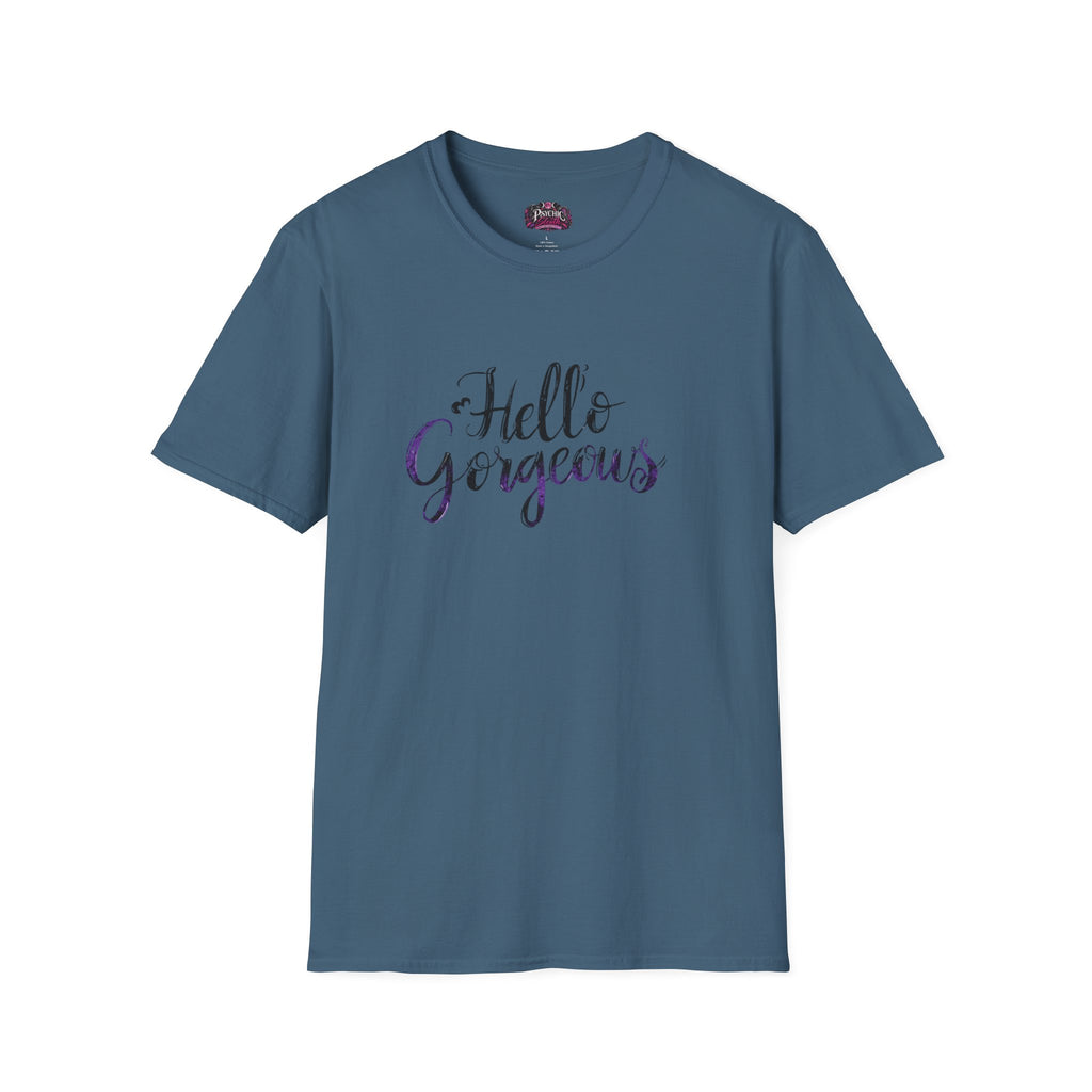 T-Shirt — "Hello Gorgeous" Purple Black Script Graphic Tee