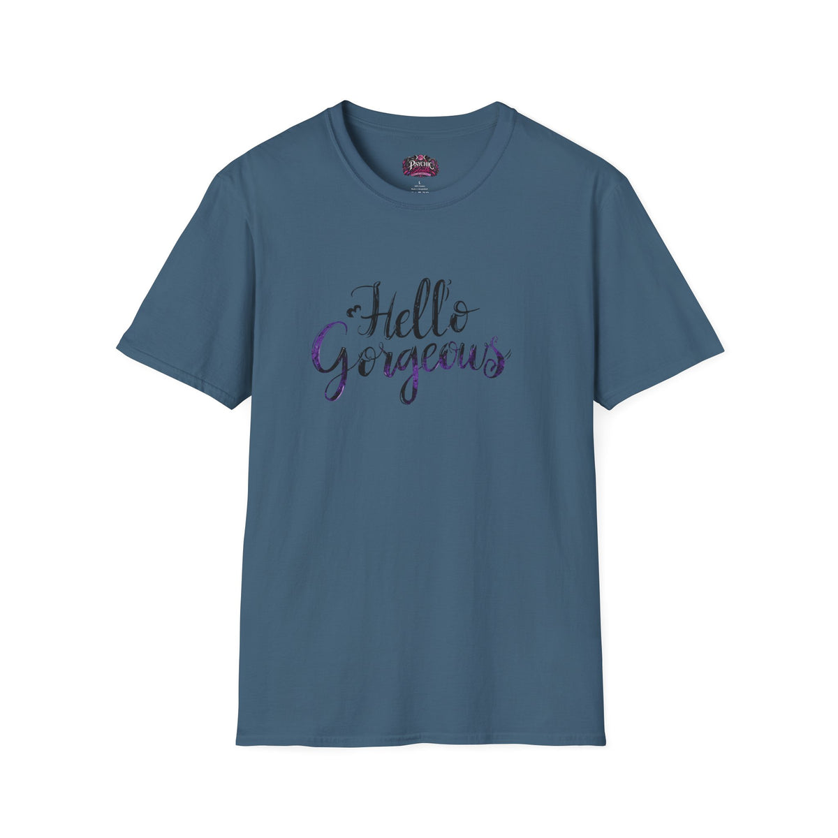 T-Shirt — "Hello Gorgeous" Purple Black Script Graphic Tee