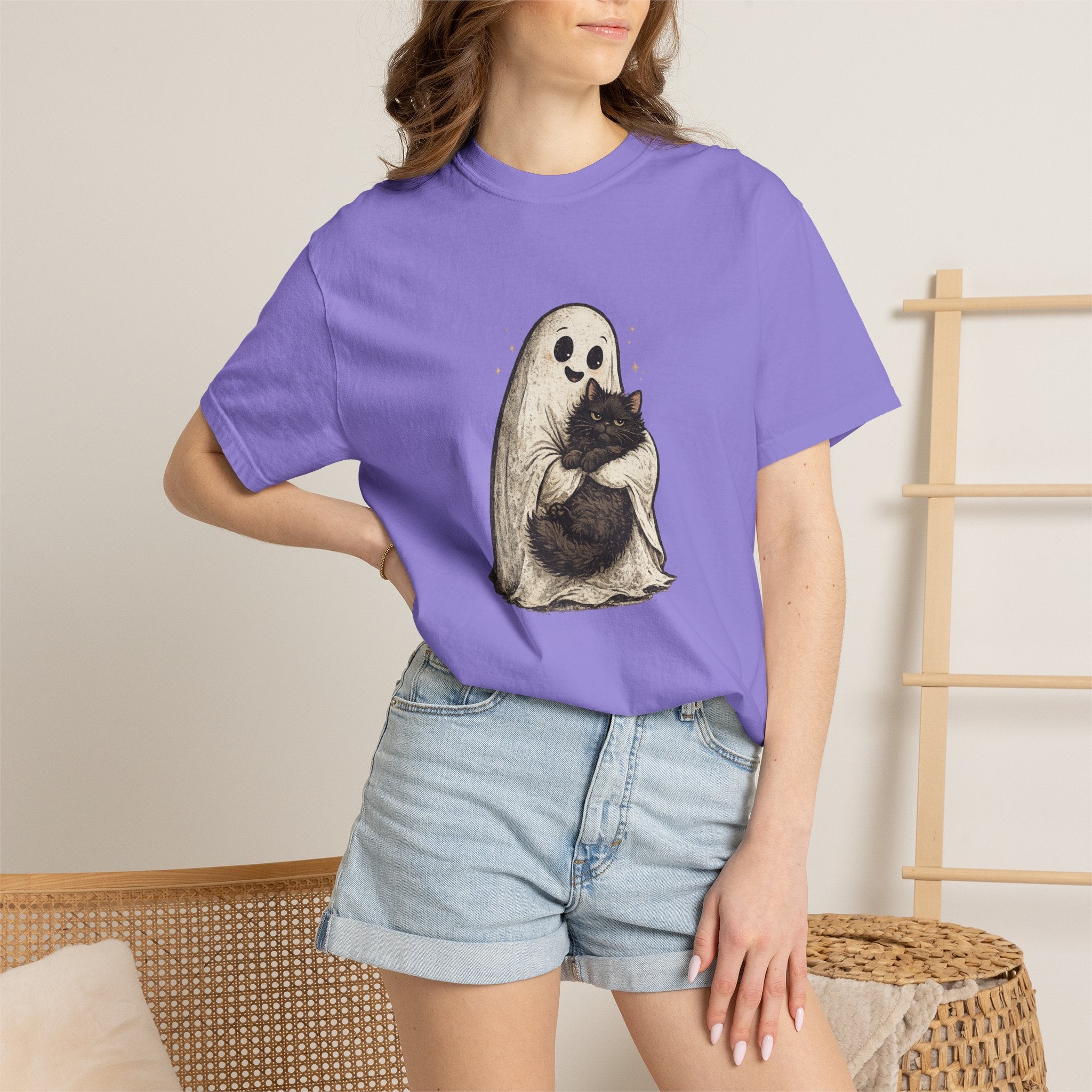 Boo & Meow Ghost Hugging Black Cat T-Shirt | Cute Spooky Tee