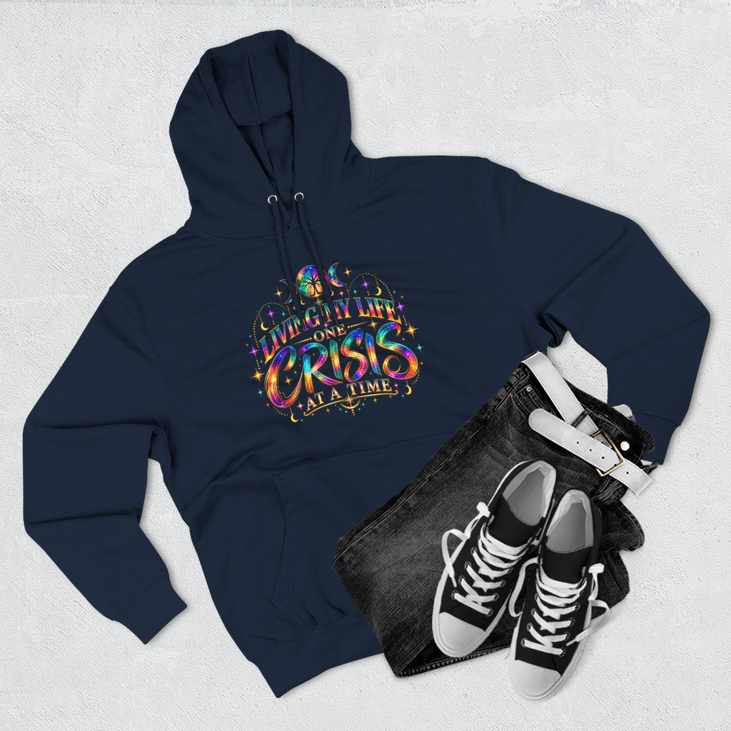 Hoodie — "Living My Best One Crisis At A Time" Colorful Retro Graphic