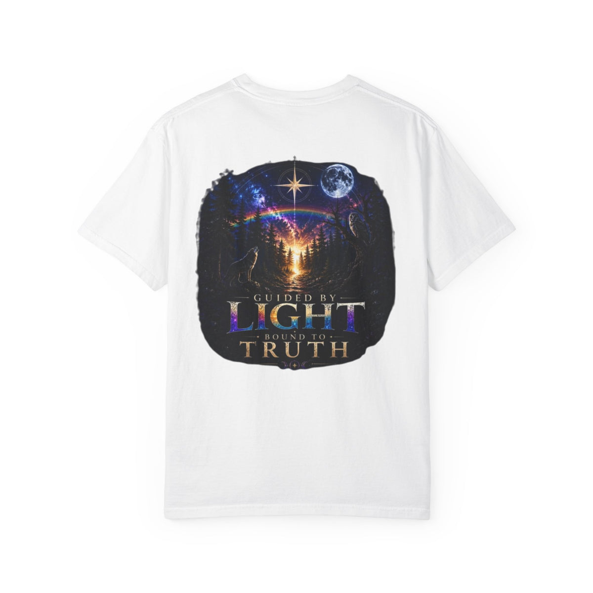T-Shirt — "Guided by Light, Bound to Truth" Cosmic Forest Graphic