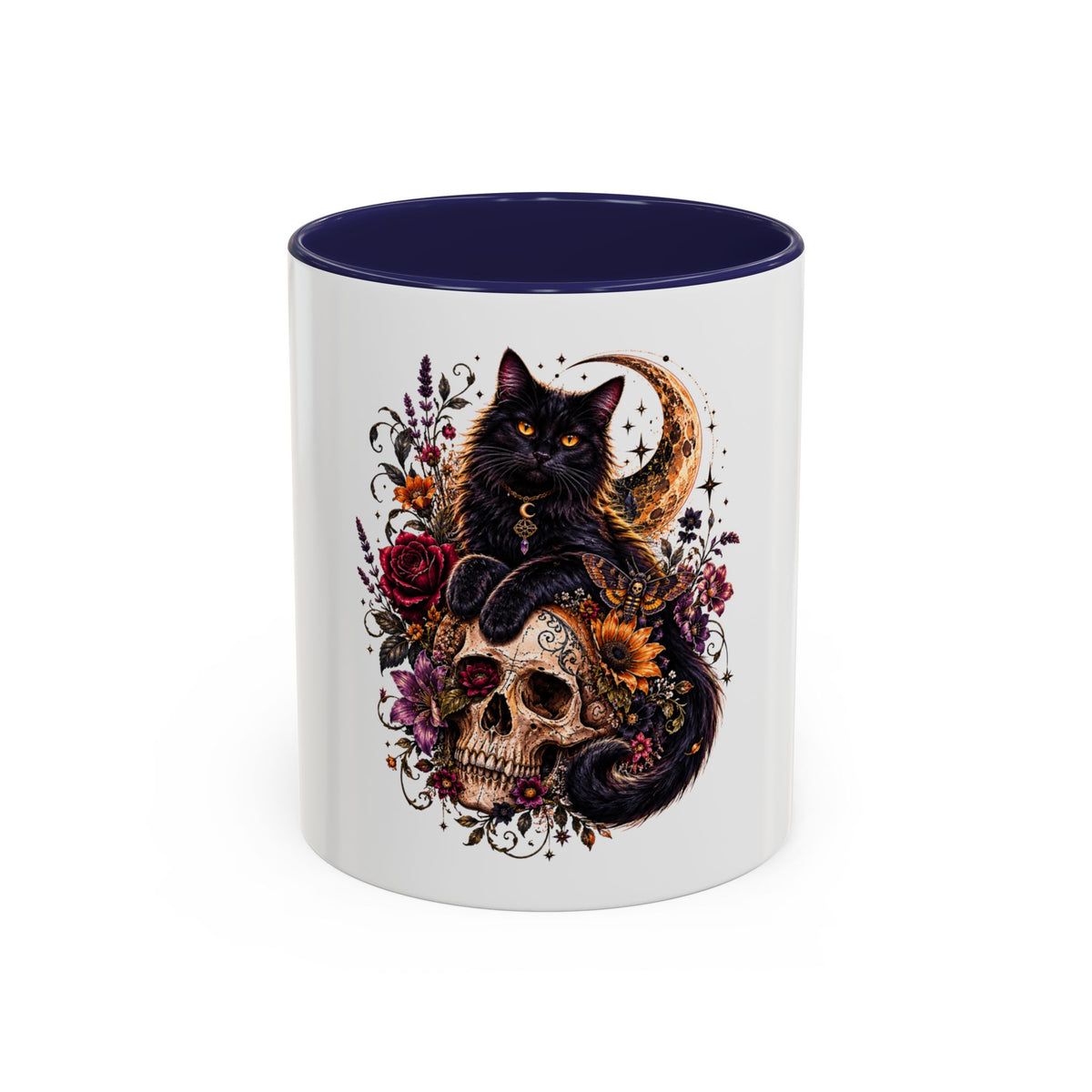 Cat & Skull Accent Coffee Mug — Gothic Black Cat Art Coffee Cup (11/15oz)