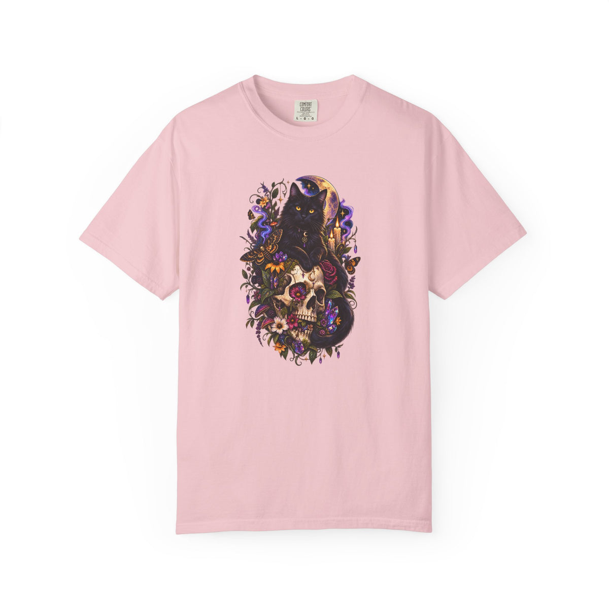Skull & Black Cat Gothic T-Shirt — Dark Floral Day of the Dead Style