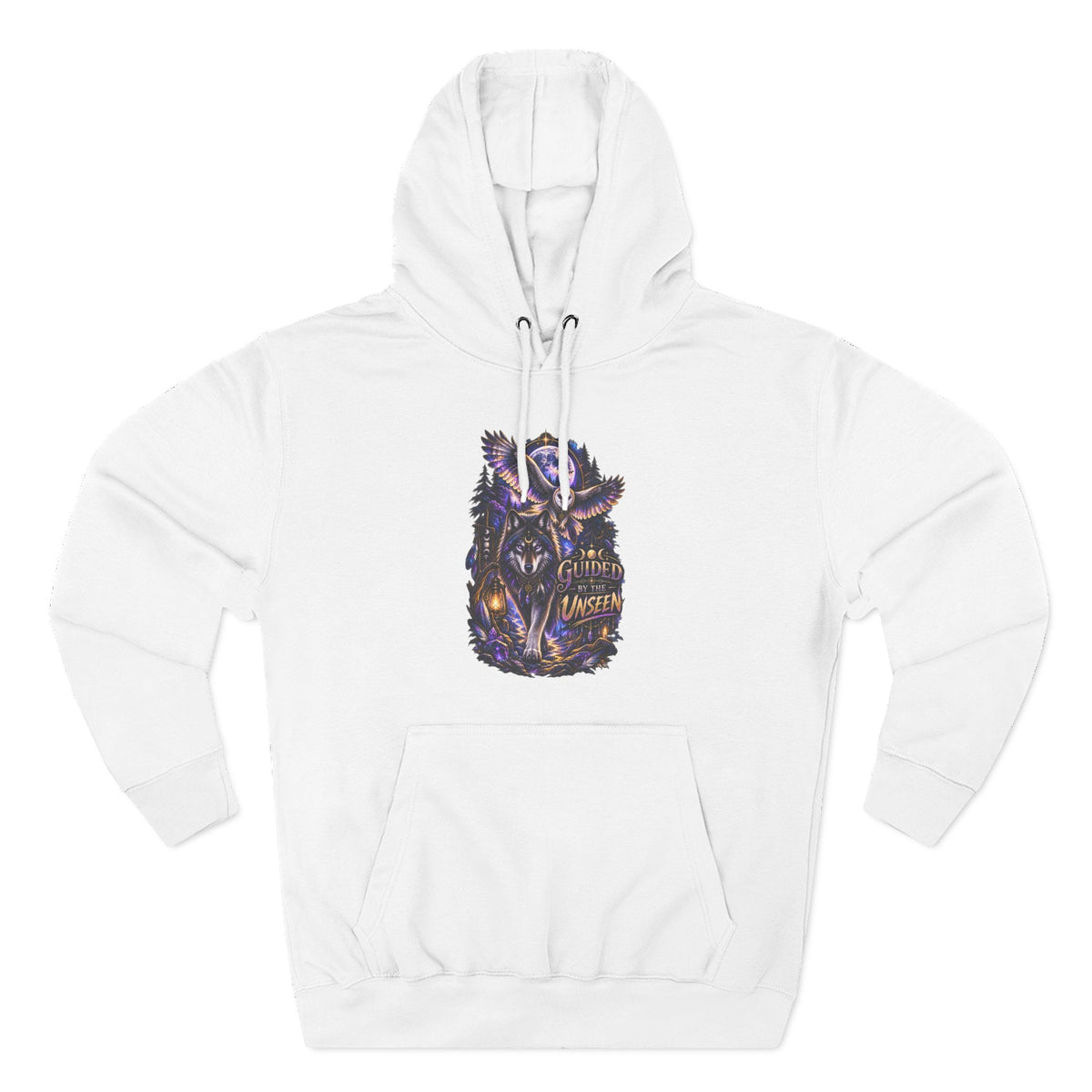 Witchy Owl and Wolf Fleece Hoodie - Mystical Night Forest Graphic- Guided by the Unseen
