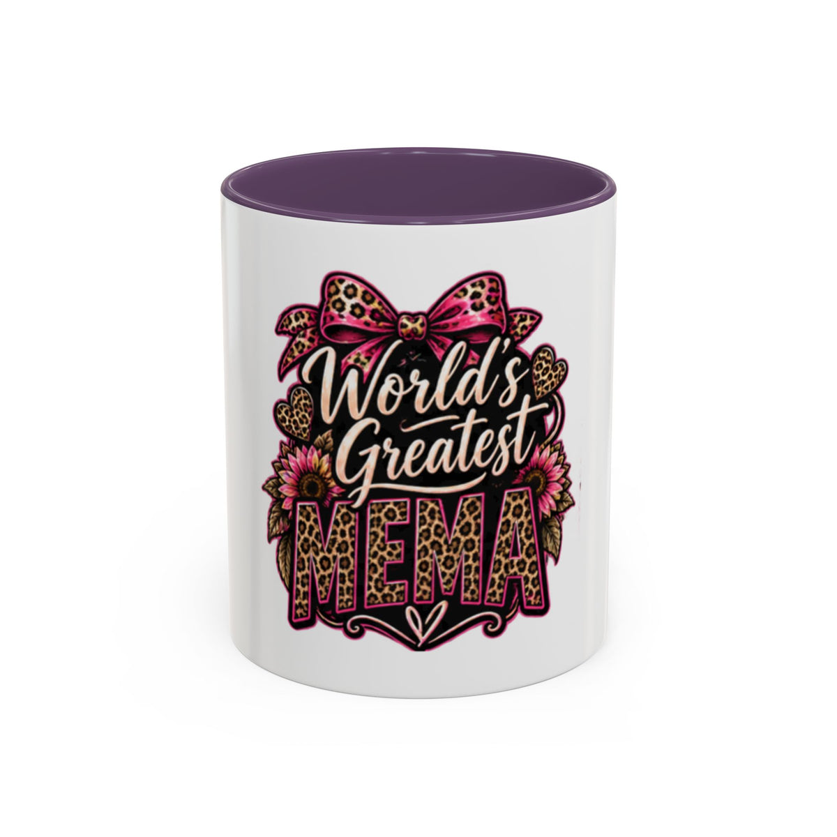 World's Greatest Mema Accent Coffee Mug – Leopard Pink Bow Gift for Grandma (11/15 oz)