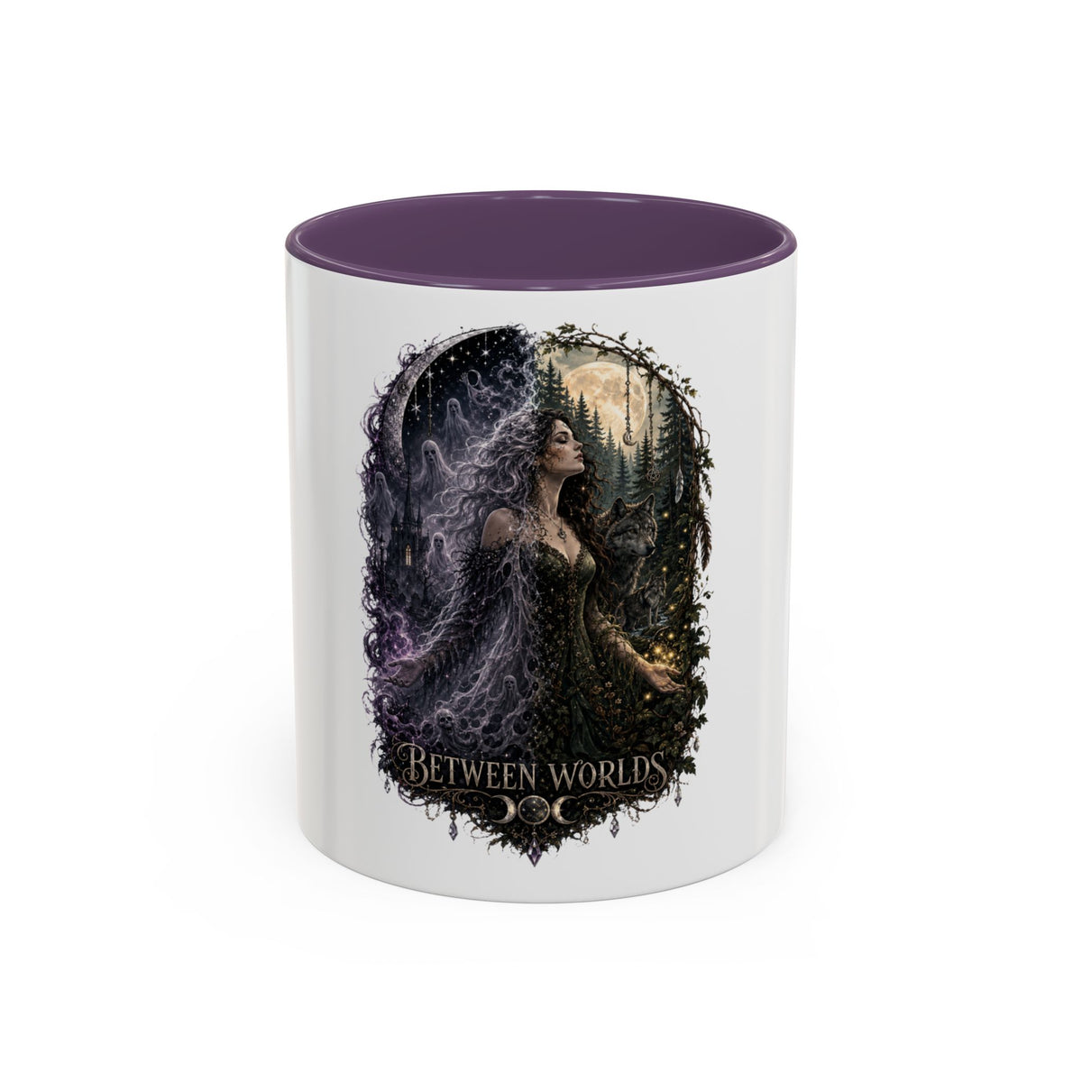 Between Worlds Accent Coffee Mug — Gothic Fantasy Witch Illustration (11/15oz)