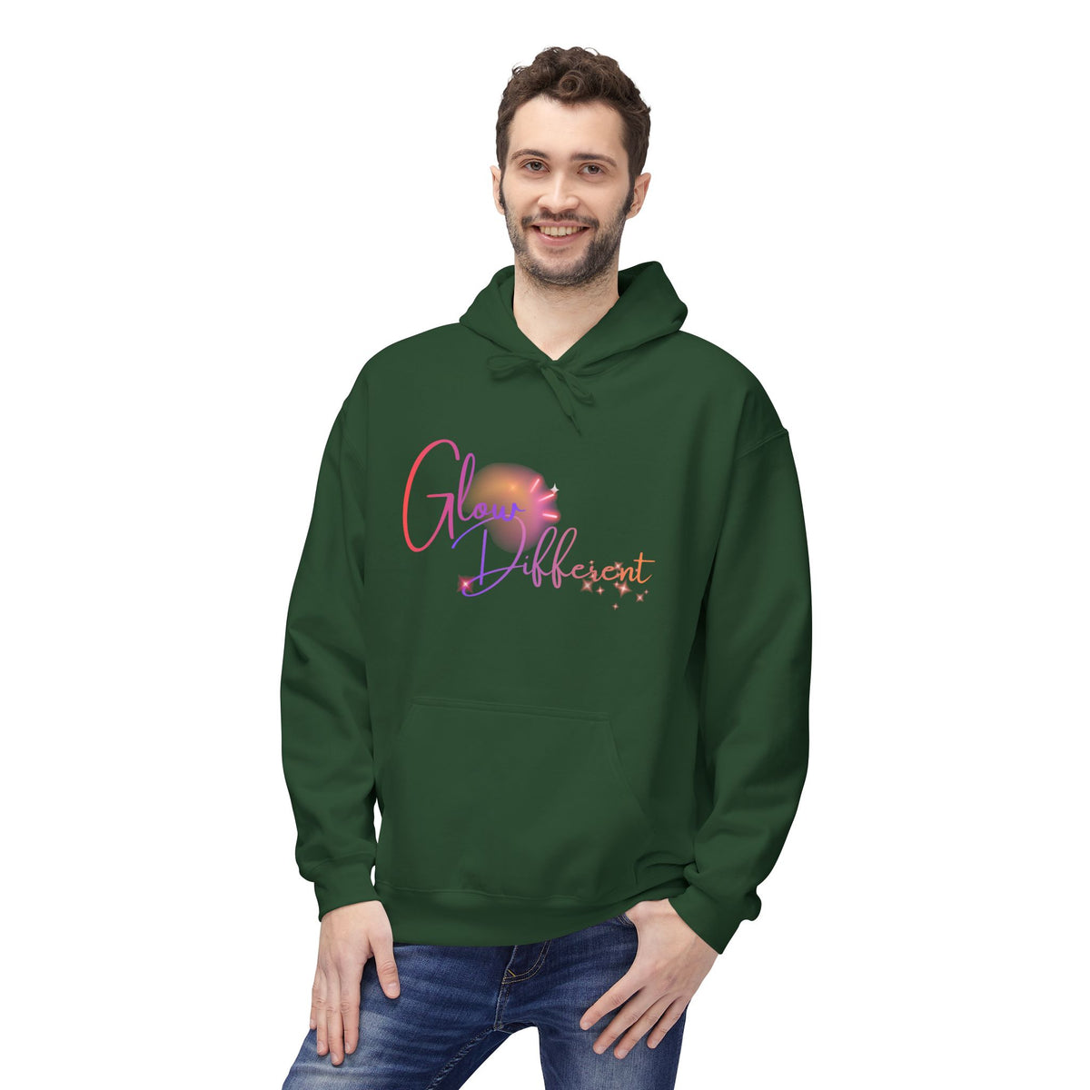Glow Different Hoodie — Pastel Brush Script Inspirational Pullover