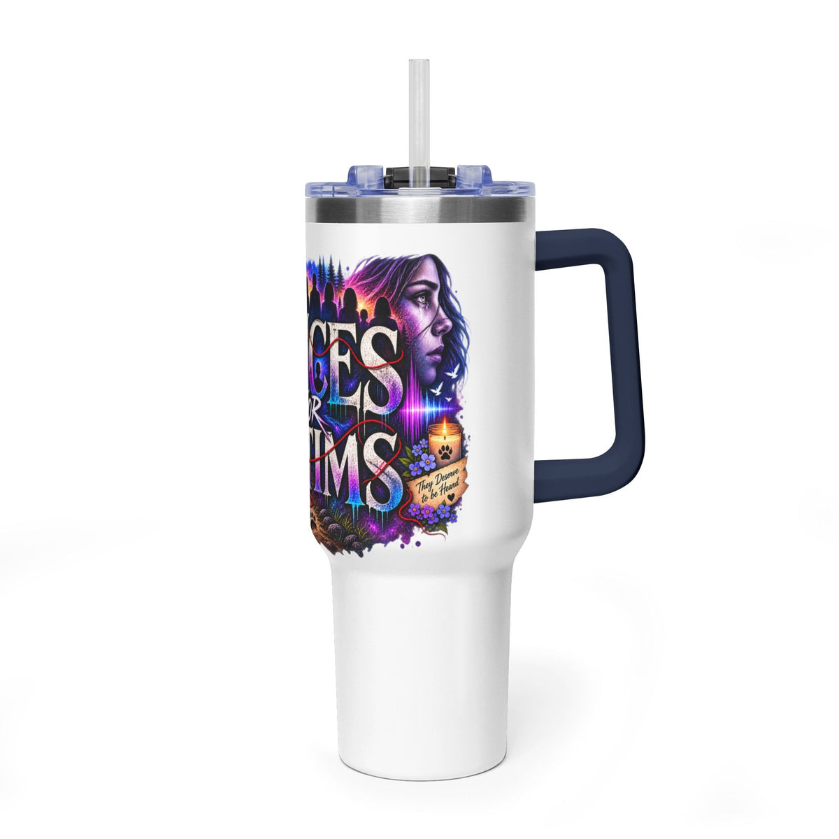 40oz Vacuum Tumbler - "Voices for Victims" Purple Feather Design